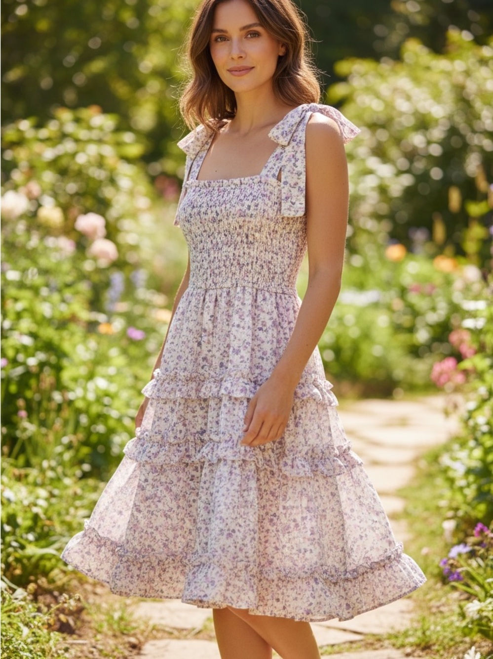 Storia Lavender Floral Tie-Shoulder Smocked Midi Dress